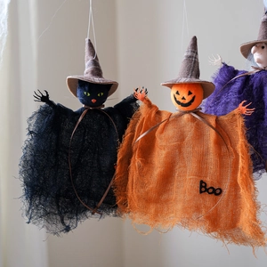 Halloween hanging mesh decorations featuring witch, pumpkin and ghost dolls for party props