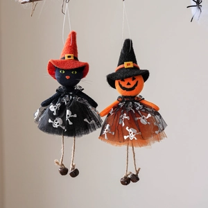 Halloween hanging doll set with pumpkin wizard and black cat in tulle skirts with bells