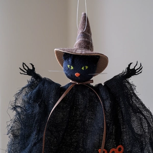 Halloween black cat witch hanging decoration with mesh skirt and orange BOO lettering