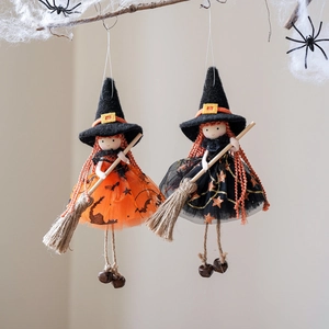 Halloween Hexenpuppen Set mit Paillettenröcken und Strohbesen an Dekozweigen