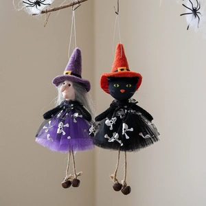 Halloween hanging witch and black cat dolls with mesh skirts and bells for party decor