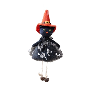 Halloween black cat plush with orange wizard hat and skull skirt decoration