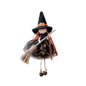 Halloween Hexe Deko-Anhänger mit Netzrock, Sternenmuster und kleinem Besen für Partys