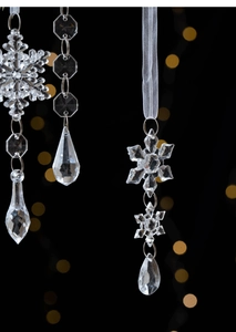 Macro detail of crystalline snowflake pendant with faceted beads and water drop charm