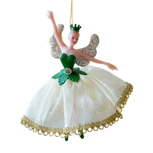 Christmas ballet girl ornament with green bodice, white tulle skirt, and gold lace edges