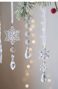 Detailed close-up of transparent snowflake and icicle pendants for Christmas decor