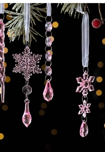 Pink crystalline Christmas icicles and snowflake hanging ornaments with white ribbon