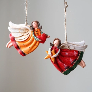 Set of two vintage resin angel hanging ornaments with red and orange robes for Christmas
