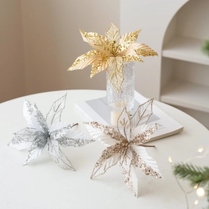 22cm glitter kerstster bloemen in goud en champagne voor kerstboomdecoratie