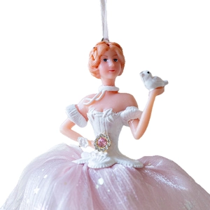Pink ballerina ornament with starry tulle skirt and small bird detail for Christmas decor