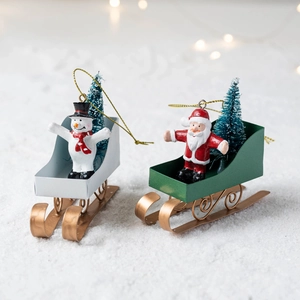 Christmas sleigh hanging ornaments featuring Santa and Snowman with metal base and pine tree