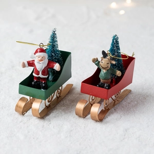 Christmas iron sleigh pendants with Santa Claus and reindeer figurines for holiday tree decor