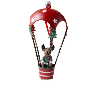 Christmas hot air balloon hanging ornament with reindeer and white star pattern on red top