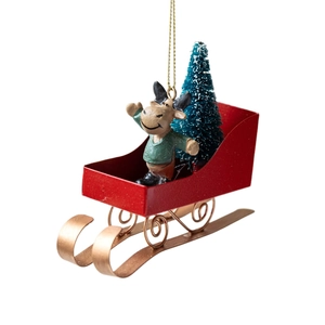Christmas reindeer in red metal sleigh hanging ornament with small pine tree decor