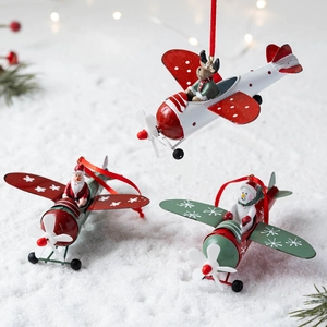 Retro Christmas Metal Airplane Hanging Ornaments Santa Claus Snowman Reindeer Christmas Tree Decoration Party Supplies