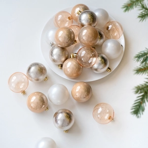 6cm champagne and silver Christmas ornament set featuring matte, glitter and glossy finishes