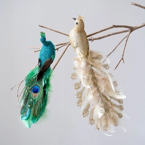 Simulation Peacock Christmas Tree Hanging Ornaments Glitter Foam Feather Birds For Xmas Holiday Home Party Decoration Elegant