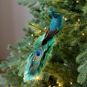 Sparkling blue peacock ornament with real feathers on a lit Christmas tree branch