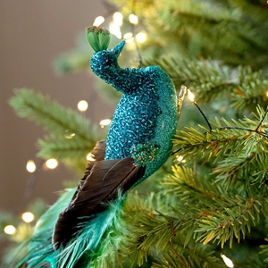 Peacock Christmas tree ornament with blue sequins and natural green feathers decoration