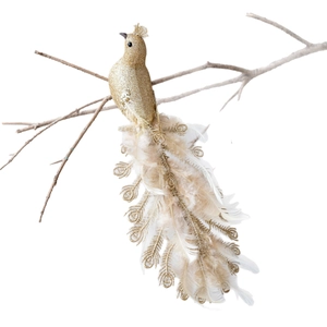 Elegant gold and white glitter peacock bird ornament with feathers for Christmas tree decoration