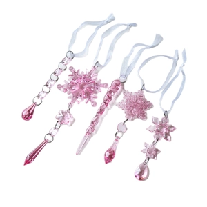 5-piece pink crystal-clear Christmas ornaments set with snowflakes and icicle pendants