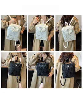 Chic ballet-style mini backpack with ruffles and bow details shown in diverse angles