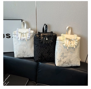 Detailed display of cute backpacks featuring butterfly textures and ruffled ribbon accents