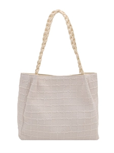 Minimalist beige tote bag with quilted square texture and woven handle for women