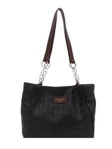 Large black quilted tote bag with brown leather straps and metal chains for women