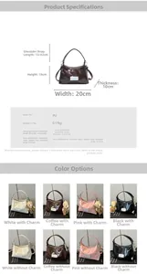 Detailed chart showing PU leather hobo bag dimensions and multi-color options with charms