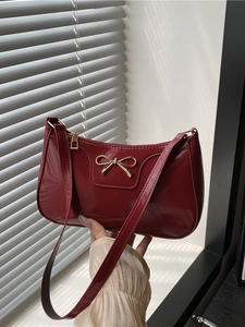Women Shiny PU Patent Leather Underarm Bag Minimalist Bow Decor Retro Sweet Shoulder Bag Casual Commuter Handbag