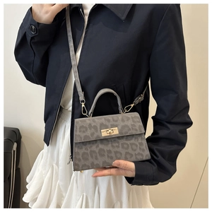 Detail of grey leopard print handbag featuring golden metal turn-lock and texture