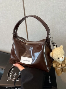 Women Glossy Patent Leather Shoulder Bag Underarm Crossbody Handbag With Removable Strap And Plush Bear Charm Accessory