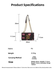 Detailed dimension guide for black cherry print crossbody bag with golden chain strap