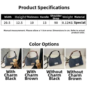 Size chart for denim square crossbody bag detailing dimensions weight and color options