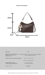 Fiche technique détaillée du sac seau en cuir PU marron foncé avec dimensions et anses