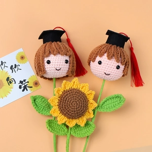 Handmade crochet graduation flower bouquet with dolls and sunflower for graduate gift