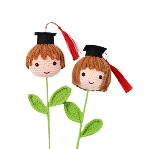 Handmade crochet graduation dolls for boys and girls with doctor hats on flower stems