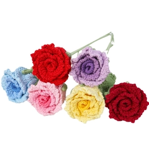 Handmade crochet rose bouquet with six vibrant colors on a clean white background