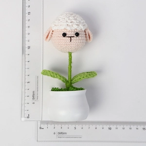 Handmade crochet sheep potted plant height measurement showing 15.5cm for desk decor