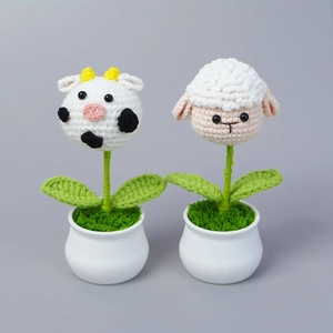 Handmade Crochet Animal Potted Plant Ornaments Yarn Amigurumi Cute Cow Sheep Tiger Desk Car Decor Aesthetic Gift For Her