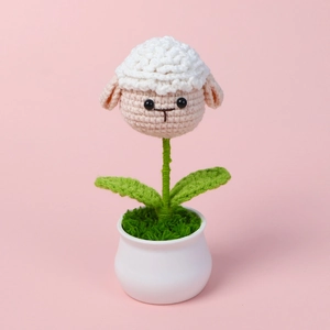 Handmade crochet sheep flower plant pot for cute tabletop or car dashboard decoration