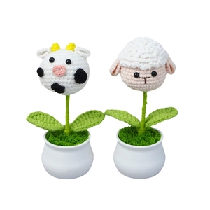 Handmade crochet animal succulents set featuring cute cow and sheep in white ceramic pots