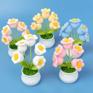 Handmade Crochet Flower Potted Plant Yarn Lily Of The Valley Desktop Ornament Artificial Floral Decor Gift For Home Office