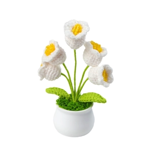 Handmade crochet lily of the valley potted plant with white ceramic vase home decor