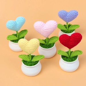 Handmade Crochet Heart Potted Plant Ornament Cute Cotton Yarn Knitted Flower Desk Decor Gift For Teacher Friend Valentine