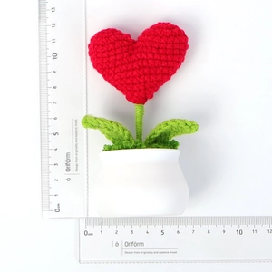Handmade crochet red heart flower in a white pot, measuring 12.5cm in total height