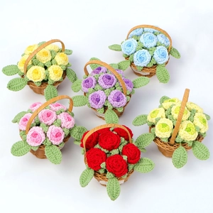 Handmade crochet rose flower baskets in six assorted colors for home decor and gifts