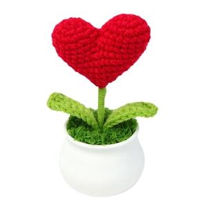 Handmade crochet red heart flower in white ceramic pot for home decor gift