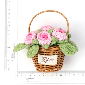 Handmade crochet rose flower basket ornament, approximately 10.5cm tall, white background